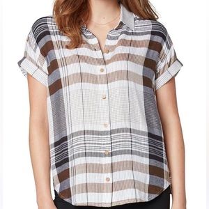 Liverpool Women’s Colorful Short Sleeve Cuffed Plaid Striped Button Up Shirt